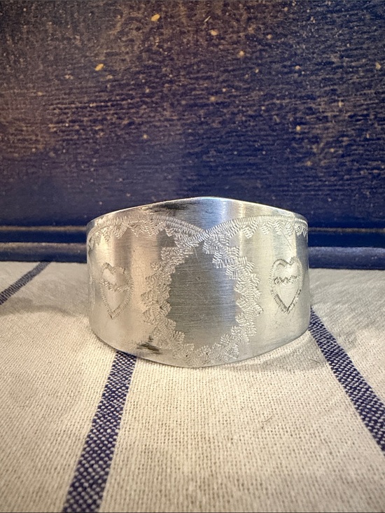 Antique Jewelry - ✨ Vintage WWII Aluminum Trench Art Sweetheart Cuff Bracelet (1944) ✨